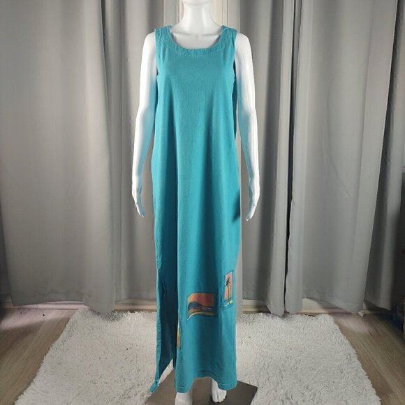 Michael Leu Art to Wear 100% Cotton Turquoise Sleeveless Tank Maxi Dress Size M - Picture 1 of 11